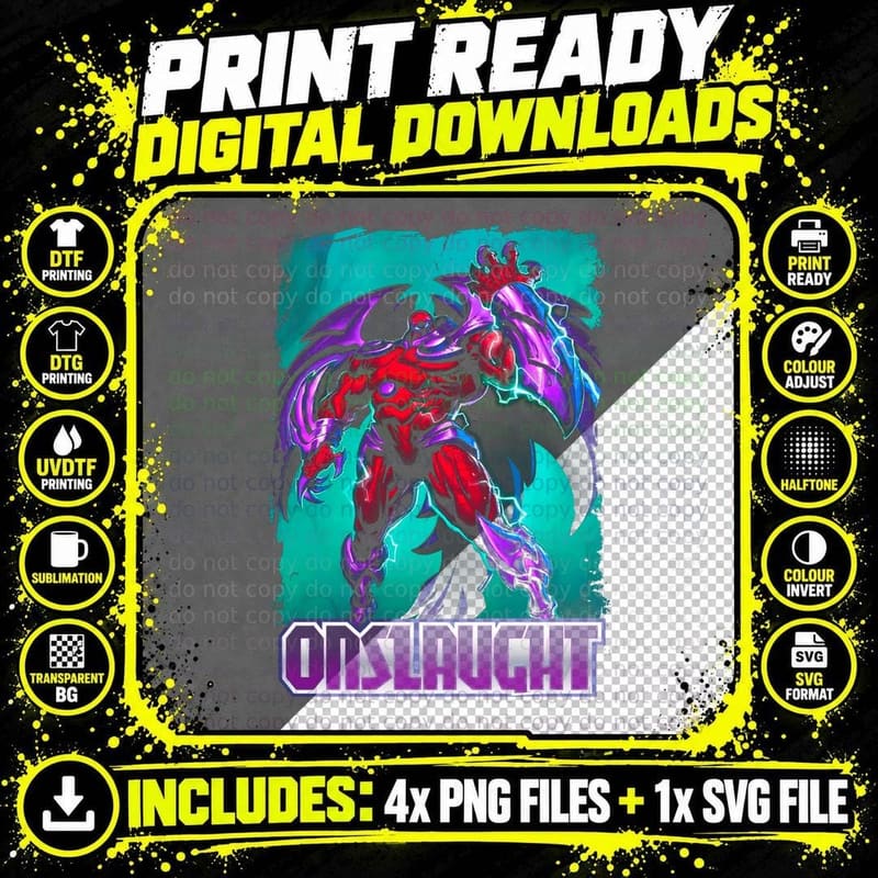 Onslaught Teal Purple Red Halftone Villain Energy T-Shirt Png SVG Digital Bundle