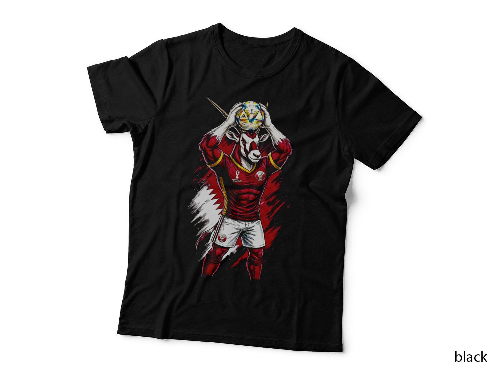 Oryx Footballer White Antelope Mascot with Long Horns Qatar Maroon Kit T-Shirt