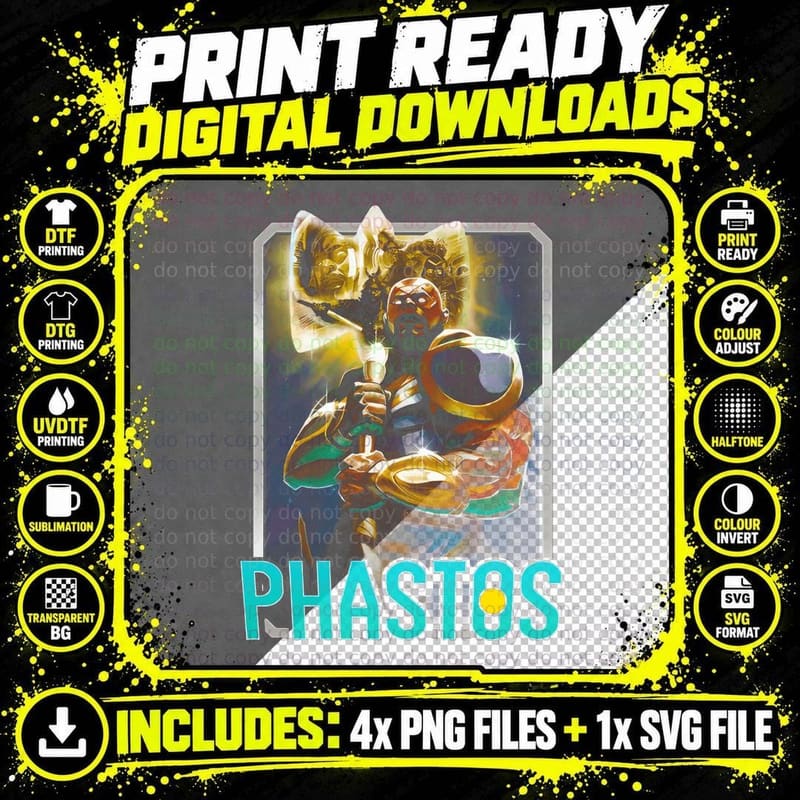 Phastos Cyan Gold Mystical Wizard Character T-Shirt Png SVG Digital Bundle