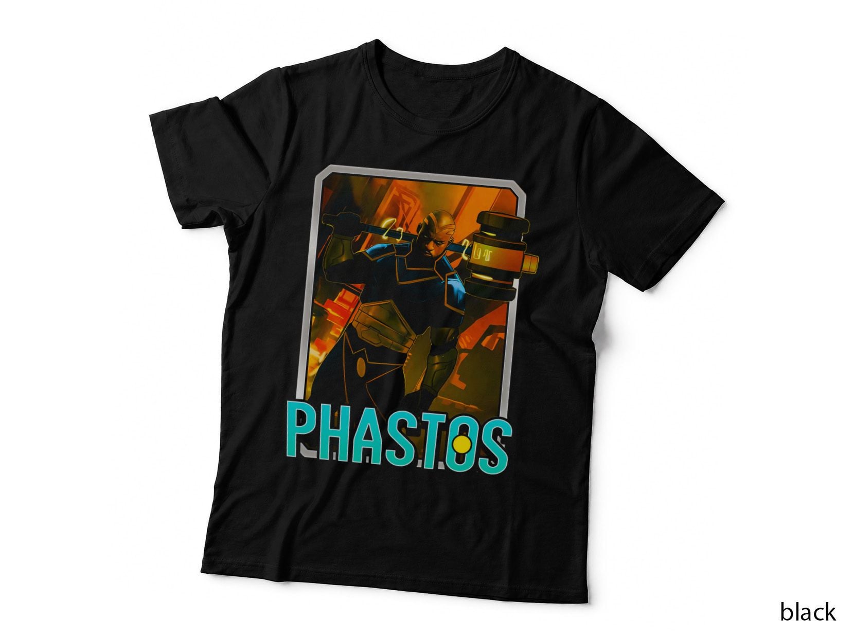 Phastos Cyan Yellow Tech Warrior Character T-Shirt
