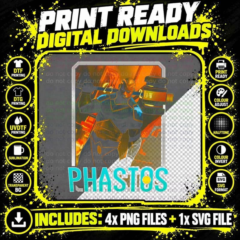 Phastos Cyan Yellow Tech Warrior Character T-Shirt Png SVG Digital Bundle