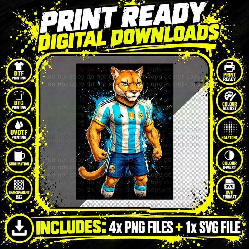 Puma Cougar Footballer Argentina Kit Paint-Splatter Png SVG Digital Bundle