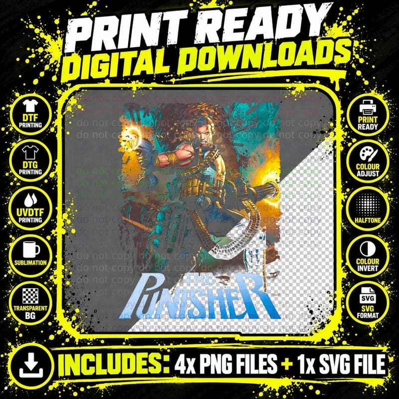 Punisher the Male Weapon Blue Halftone T-Shirt Png SVG Digital Bundle