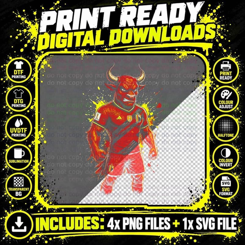 Red Devil Bull Large Horned Demon Mascot Belgium Kit Png SVG Digital Bundle