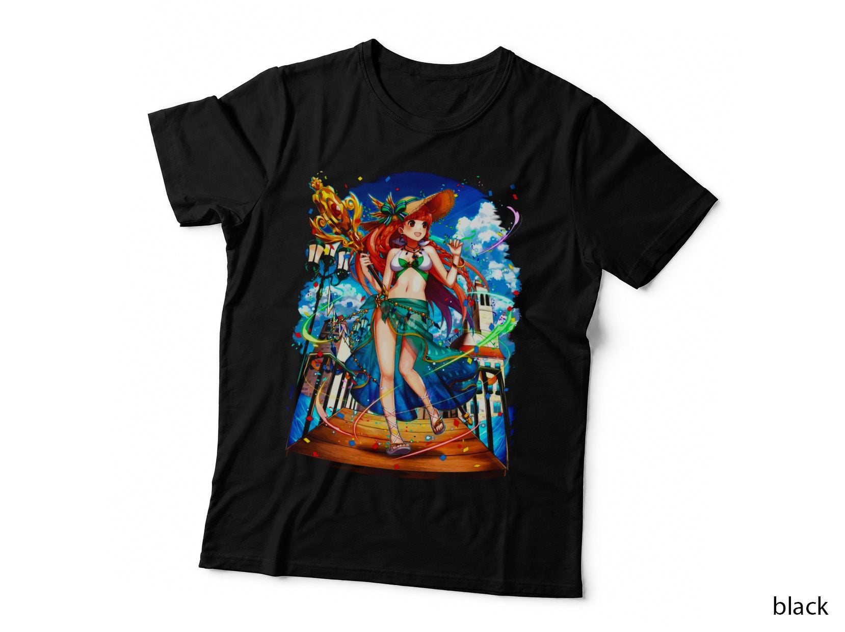Red-Haired Girl Red Hair Blue Background Cloud Effect Magical T-Shirt