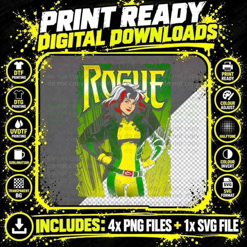 Rogue Green Yellow Blue Halftone Striped Superhero Png SVG Digital Bundle