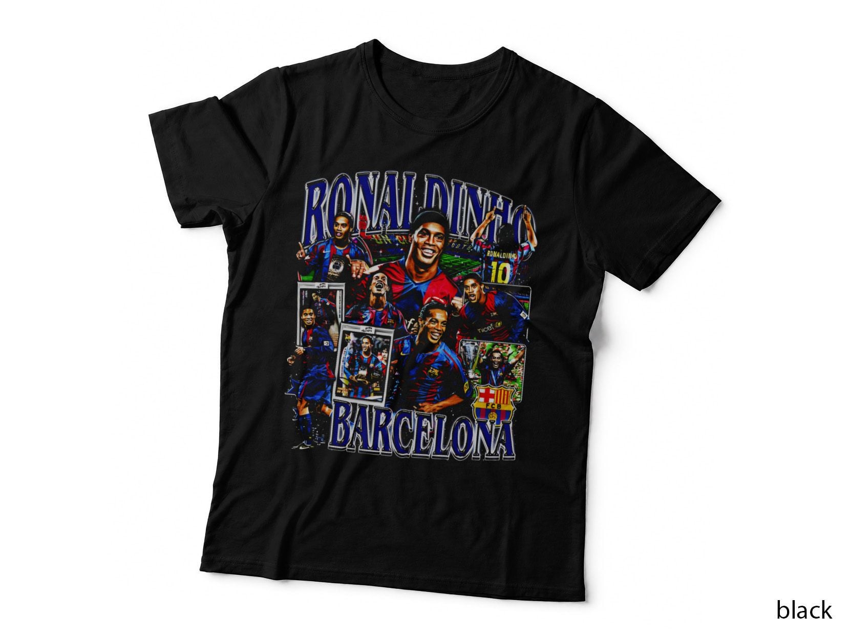 Ronaldinho Barcelona Blue Red Kit Number 10 Chrome Lettering Photo T-Shirt