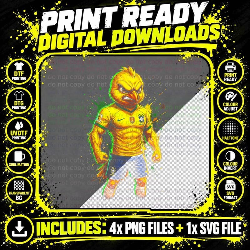 Rooster Footballer Mascot Angry Expression Brazil Yellow Png SVG Digital Bundle