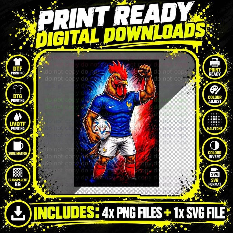 Rooster Mascot Blue France Jersey Fist Raised Holding Png SVG Digital Bundle