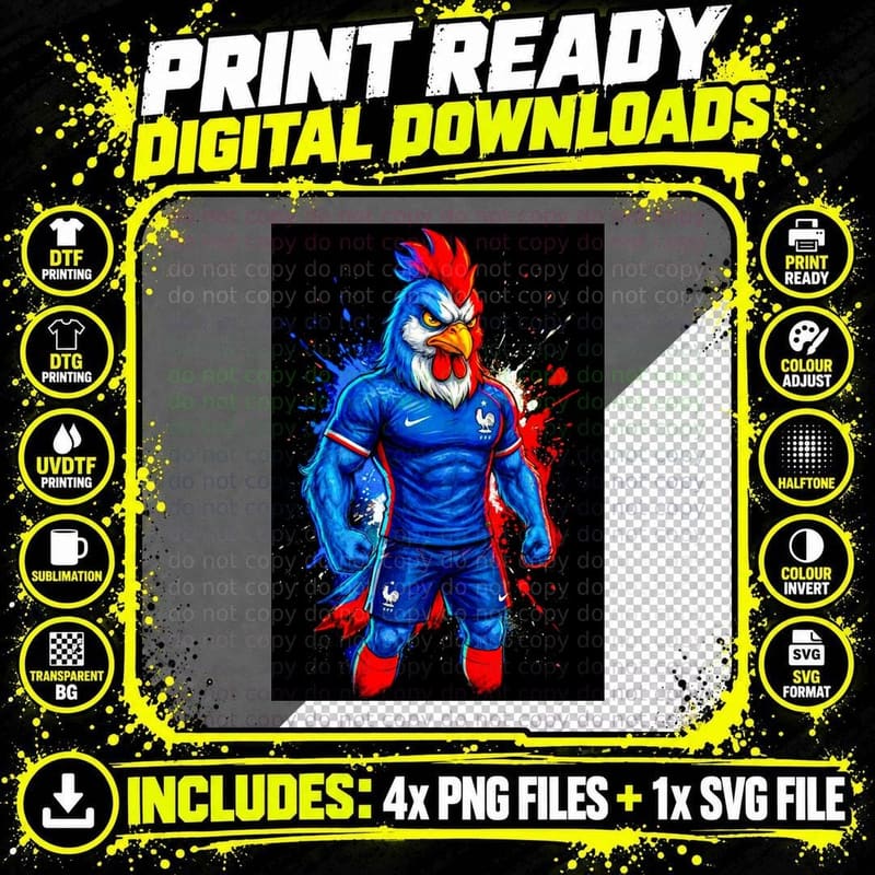 Rooster Mascot Blue France Jersey Fists Clenched Red Png SVG Digital Bundle