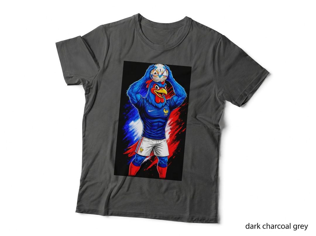 Rooster Mascot Blue France Jersey Holding Ball Overhead White T-Shirt