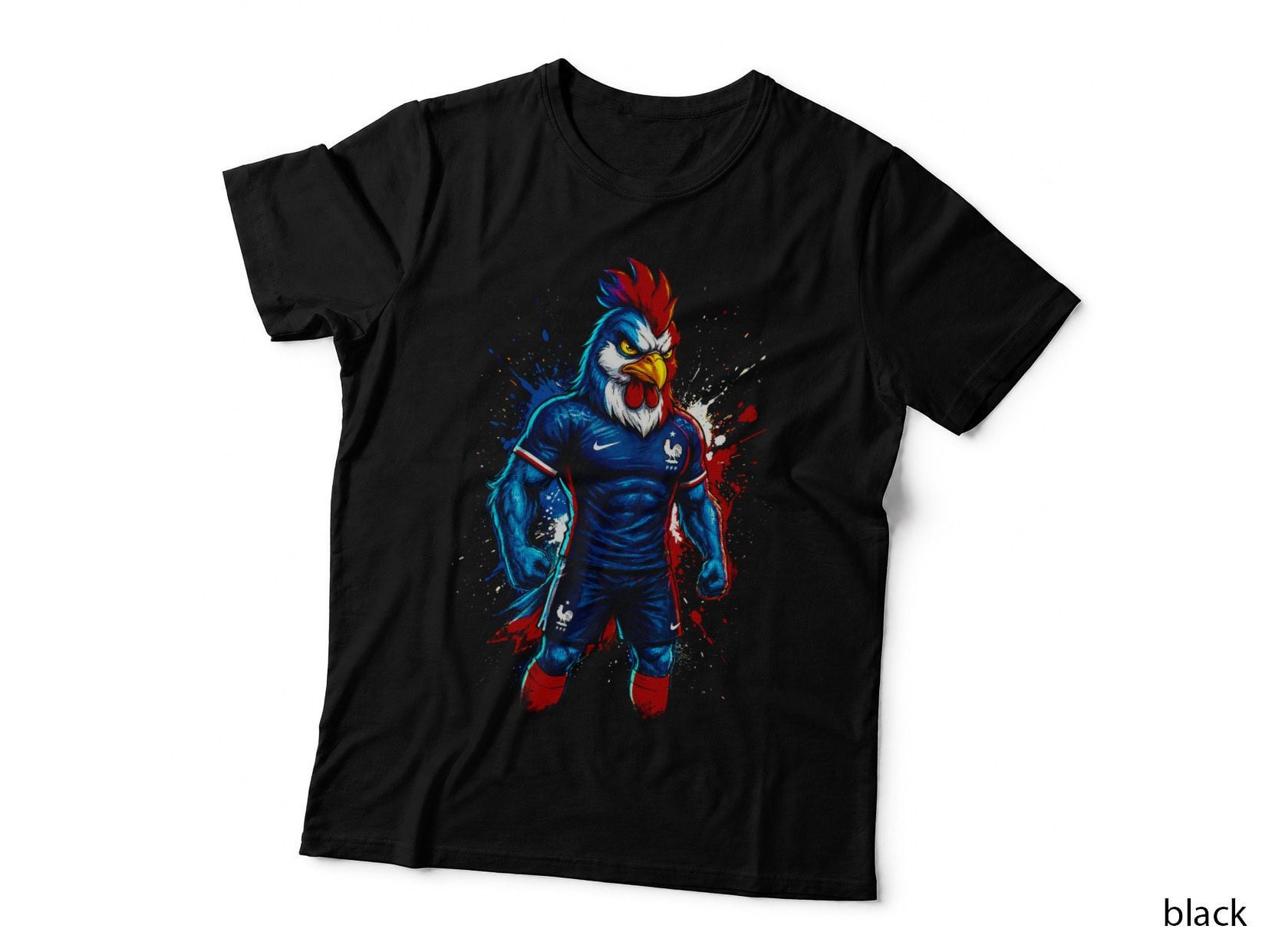 Rooster Mascot Footballer Blue Kit Close-Up France Crest Muscular Red T-Shirt