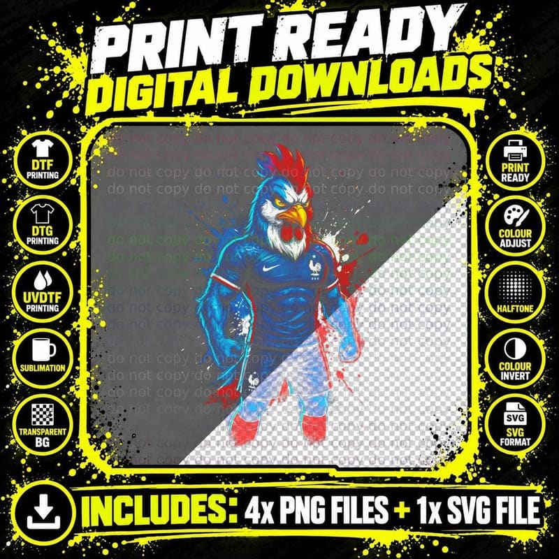 Rooster Mascot Footballer Blue Kit Close-Up France Crest Png SVG Digital Bundle