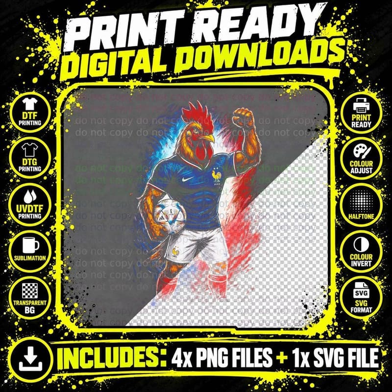 Rooster Mascot Footballer Blue Kit France Crest Fist Png SVG Digital Bundle