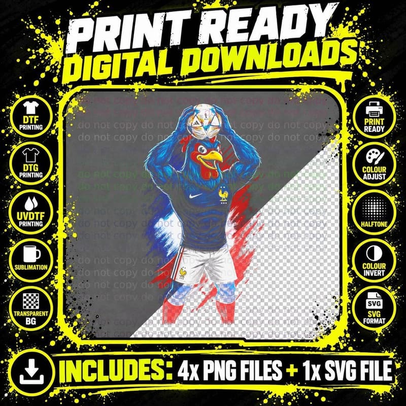 Rooster Mascot Footballer Blue Kit France Crest Holding Png SVG Digital Bundle