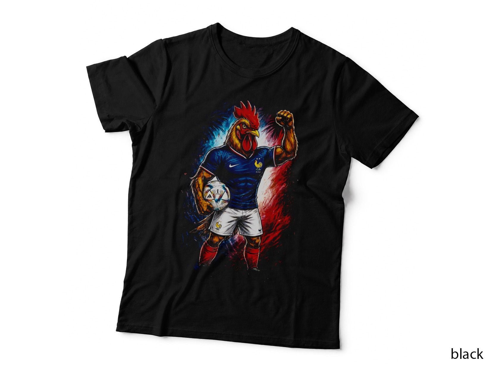 Rooster Mascot Head Footballer Blue Jersey Fist Raised Holding Ball T-Shirt