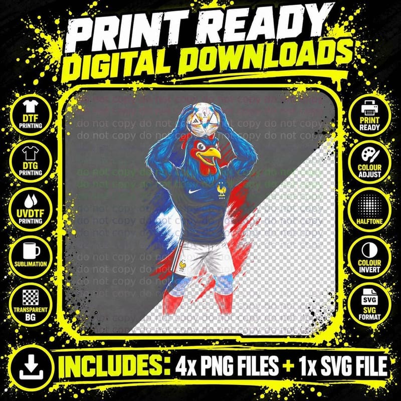 Rooster Mascot Head Footballer Blue Jersey Holding Ball Png SVG Digital Bundle