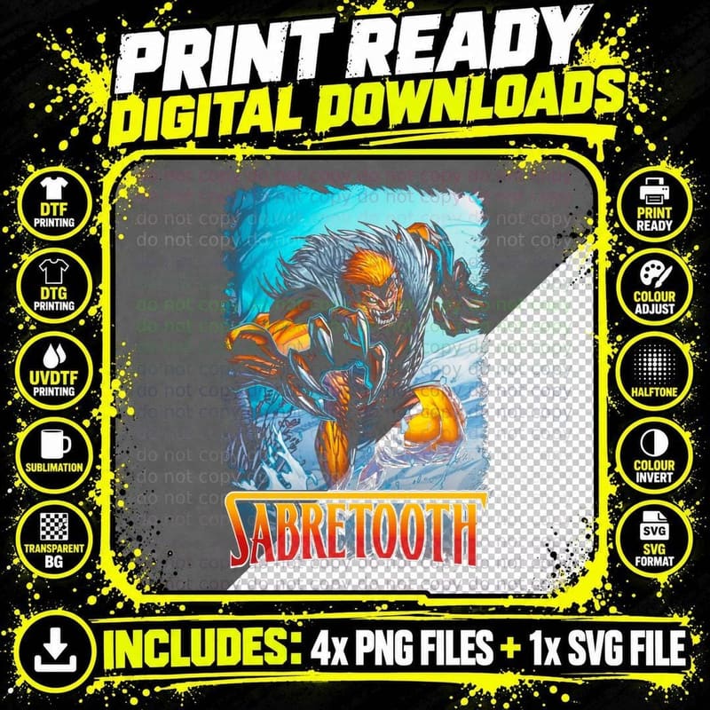 Sabretooth Character Orange Yellow Halftone T-Shirt Png SVG Digital Bundle
