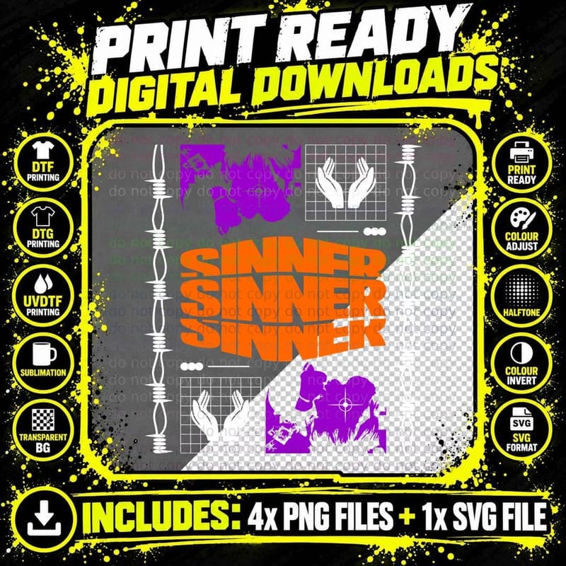 Sinner Text Y2k Streetwear Purple Hands Grid T-Shirt Png SVG Digital Bundle