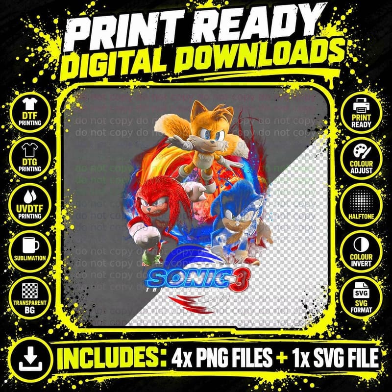 Sonic 3 the Hedgehog Blue Red Orange Multiple T-Shirt Png SVG Digital Bundle