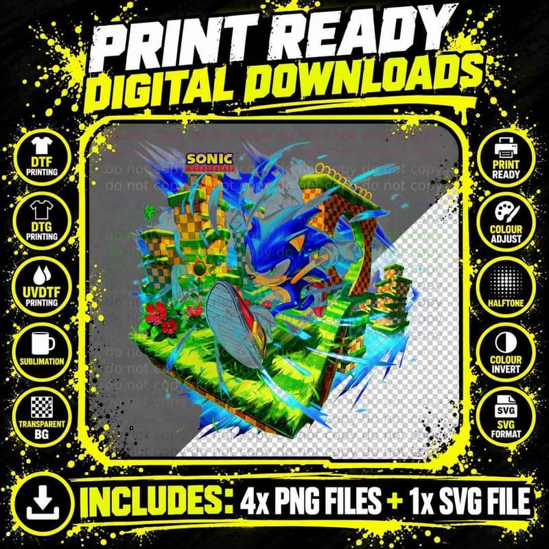 Sonic Hedgehog Checkerboard Yellow Halftone T-Shirt Png SVG Digital Bundle