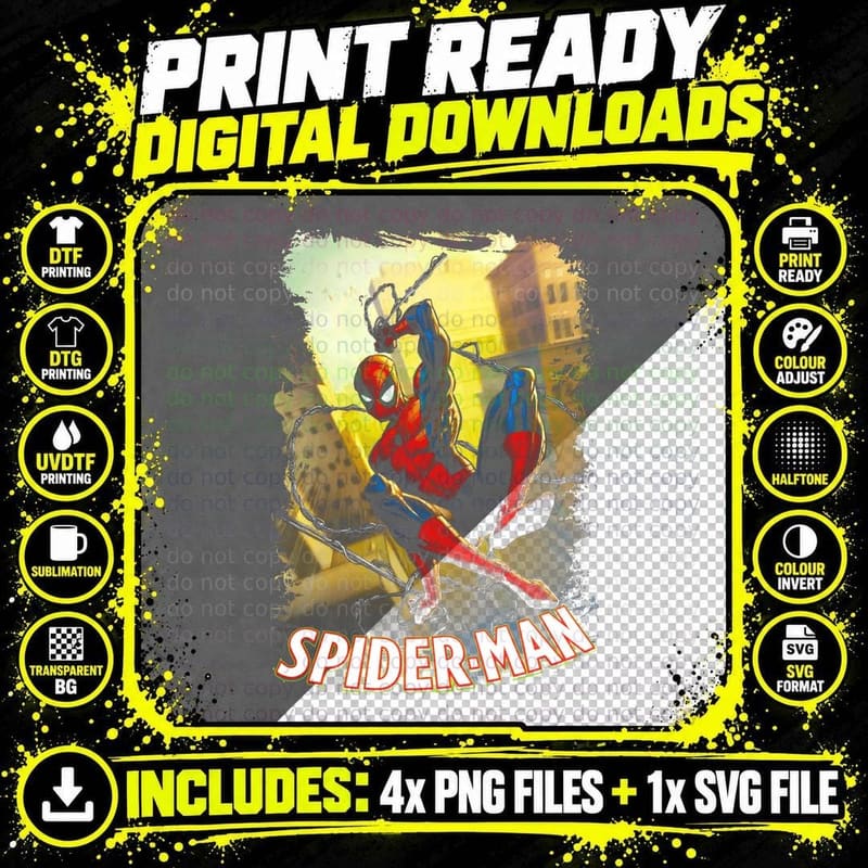 Spider-Man Red Blue Spider Yellow Halftone T-Shirt Png SVG Digital Bundle