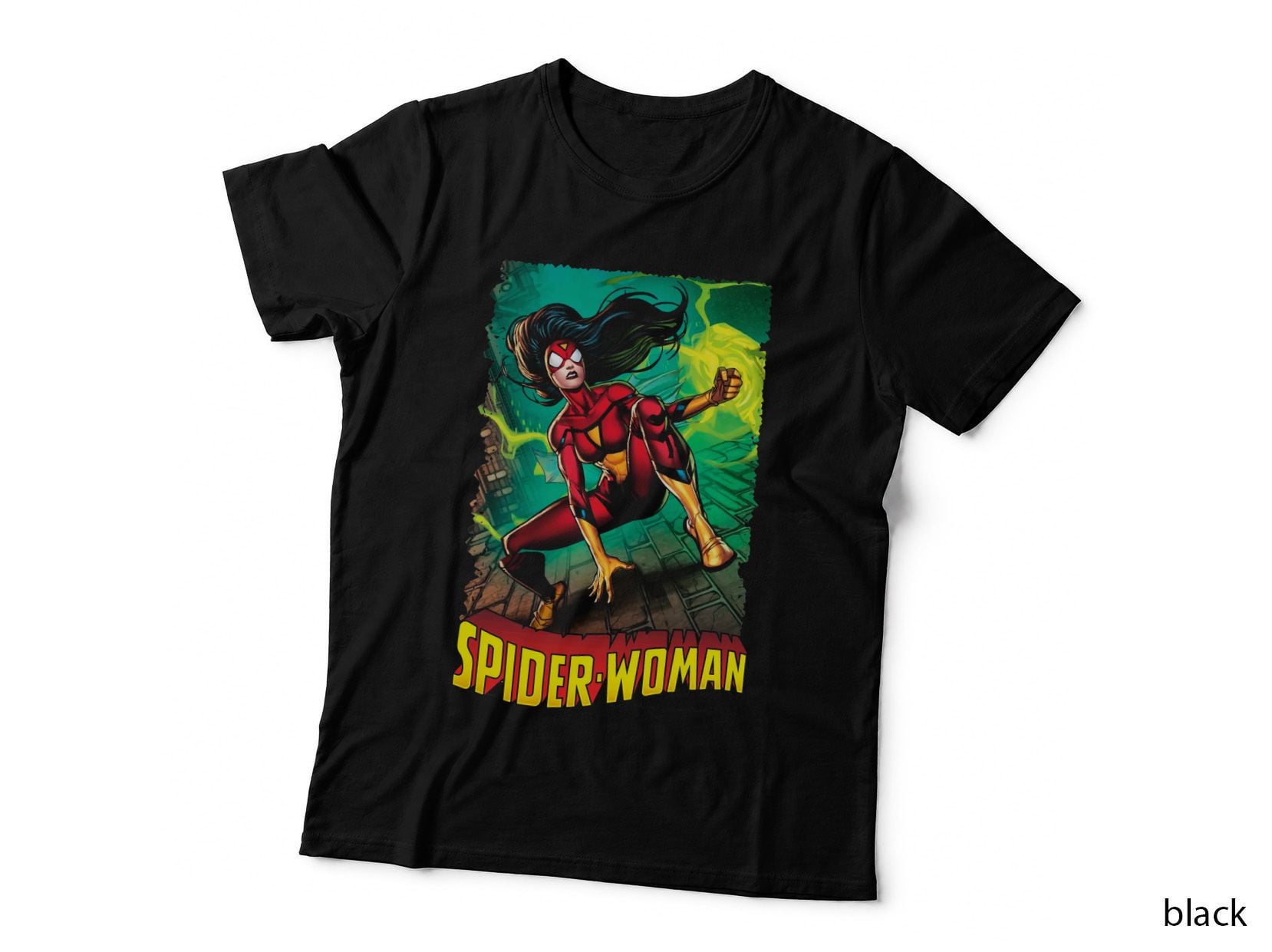 Spider-Woman Female Red Green Background Halftone T-Shirt