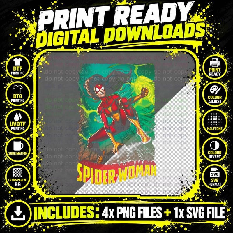 Spider-Woman Female Red Green Background Halftone T-Shirt Png SVG Digital Bundle