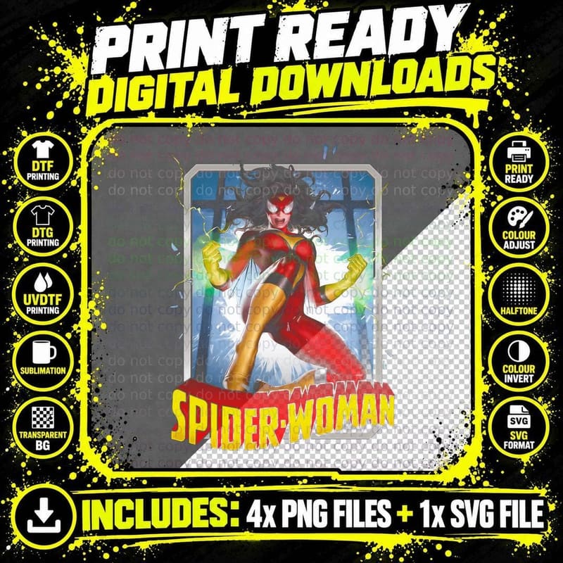 Spider-Woman Halftone Red Suit Blue Yellow Powers Female Png SVG Digital Bundle