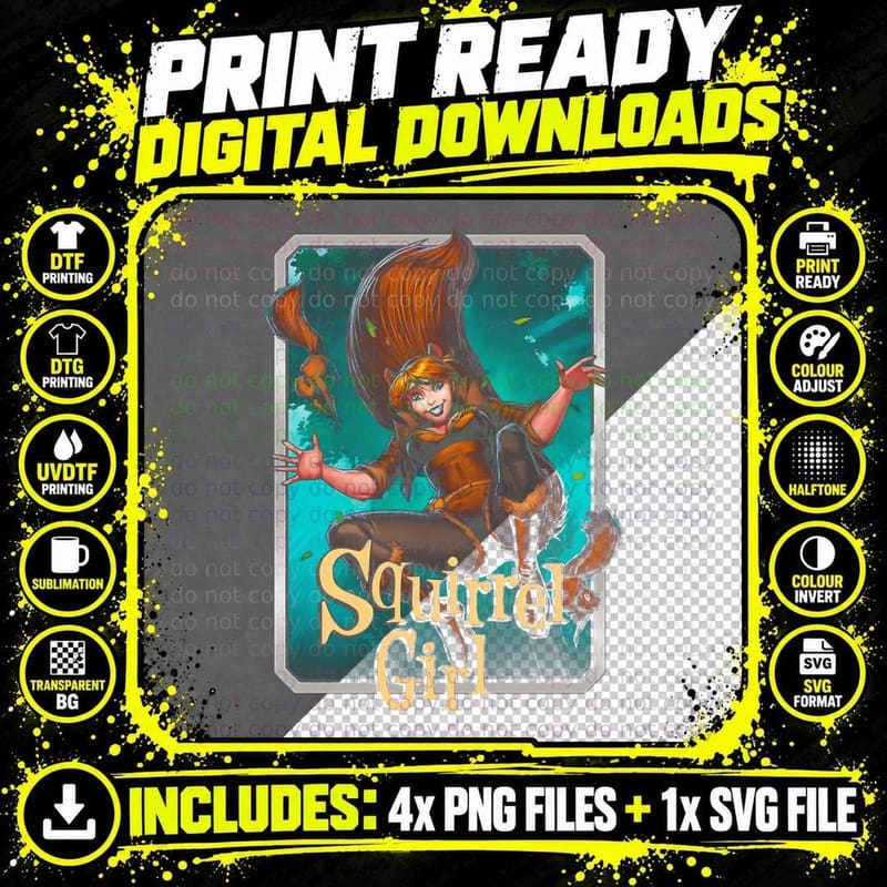 Squirrel Girl Halftone Turquoise Orange Female Character Png SVG Digital Bundle