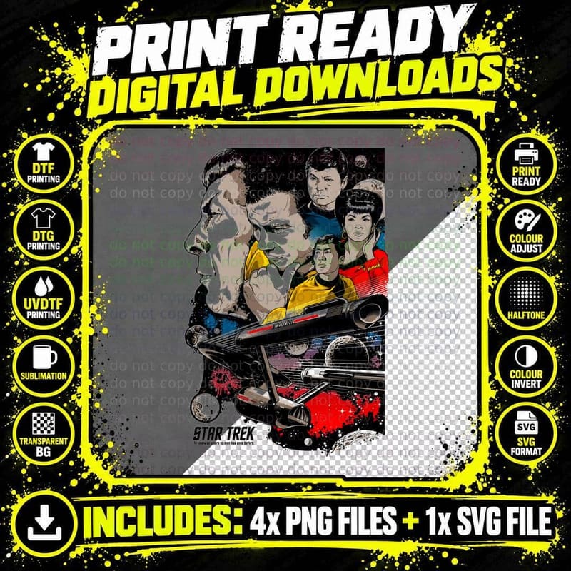 Star Trek Crew Cast Ensemble Black White Yellow Red Blue Png SVG Digital Bundle