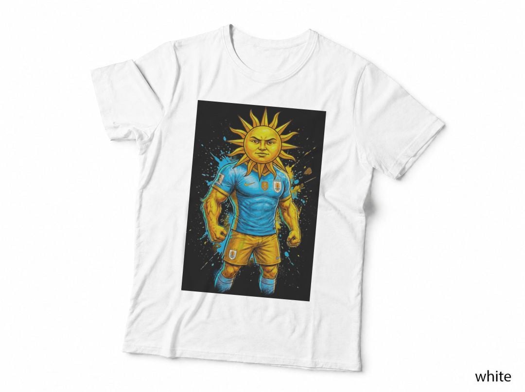 Sun-Faced Footballer Sun Face Emblem Head Blue Yellow Kit Flexing Fists T-Shirt