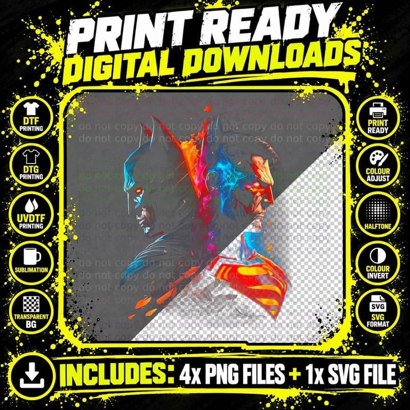 Superman Batman Split Hero Head Red Blue with Cape Png SVG Digital Bundle