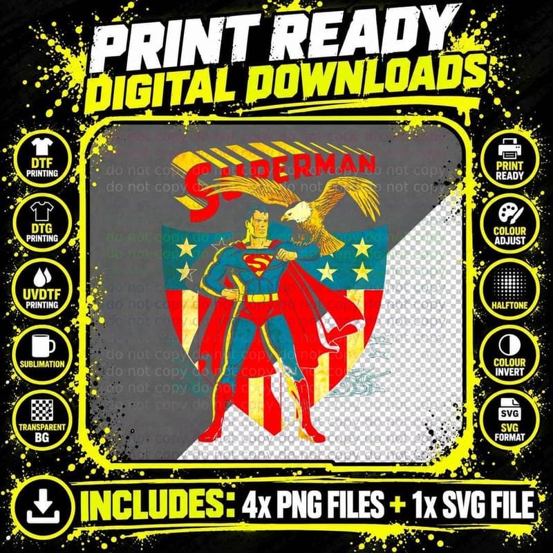 Superman Patriotic with Eagle Emblem Red Yellow Blue Png SVG Digital Bundle