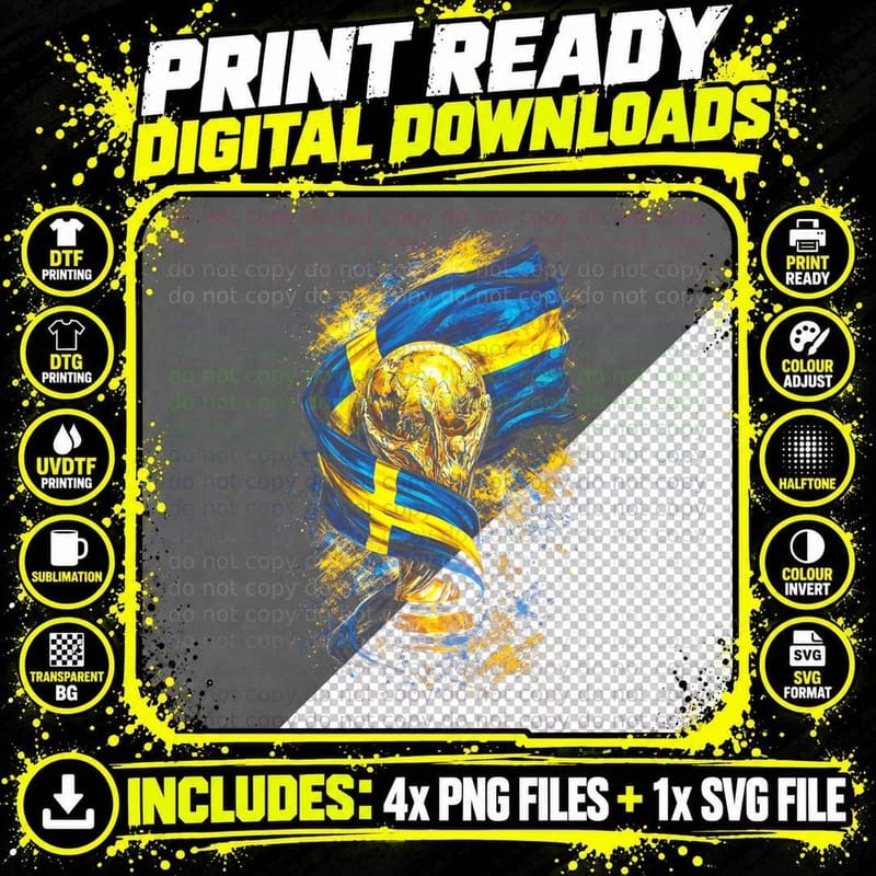 Sweden World Cup Trophy Wrapped in Flag Yellow Nordic Png SVG Digital Bundle