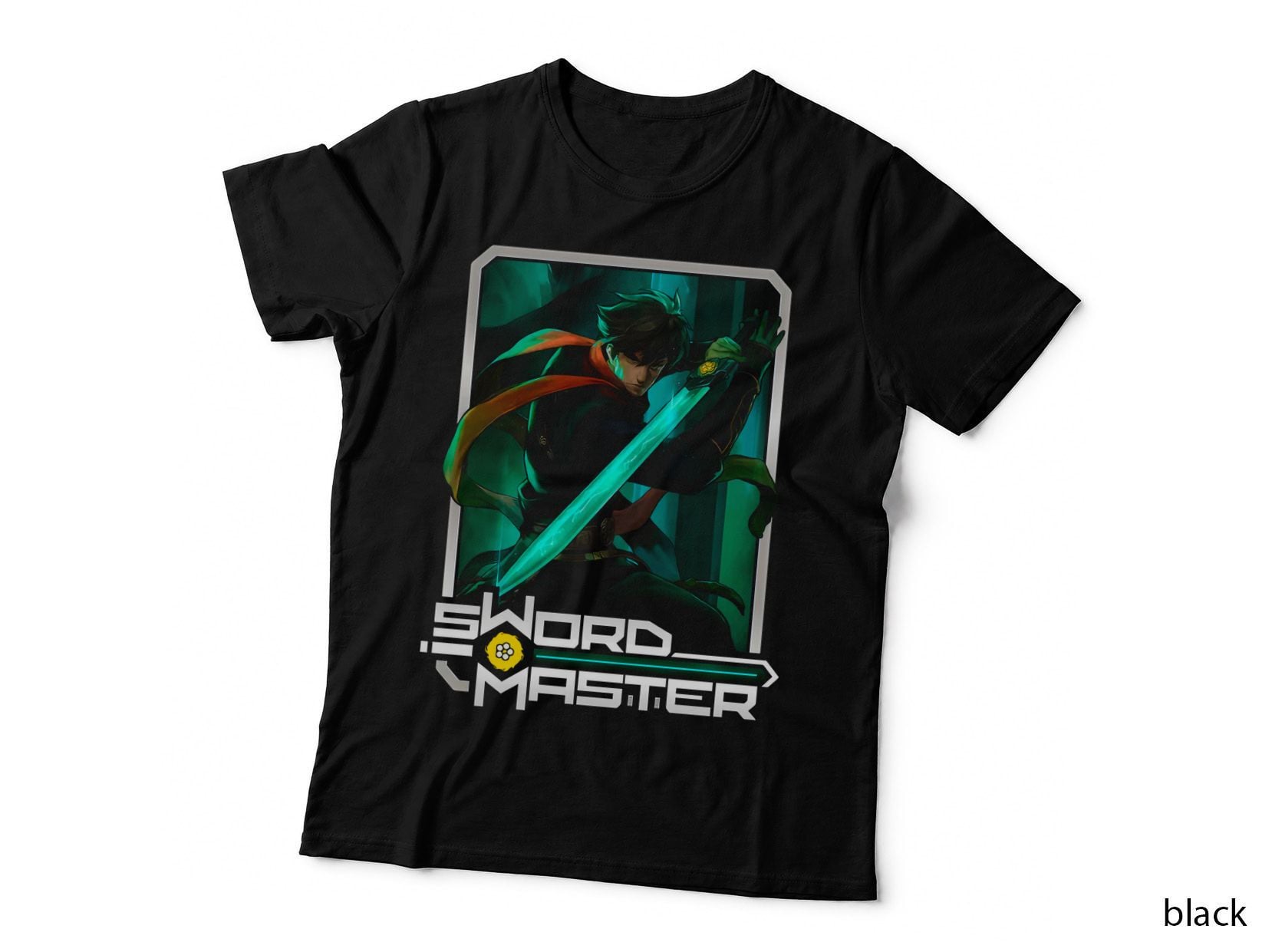 Sword Master Sword-Master Halftone Green Cyan Warrior with Blade Action T-Shirt