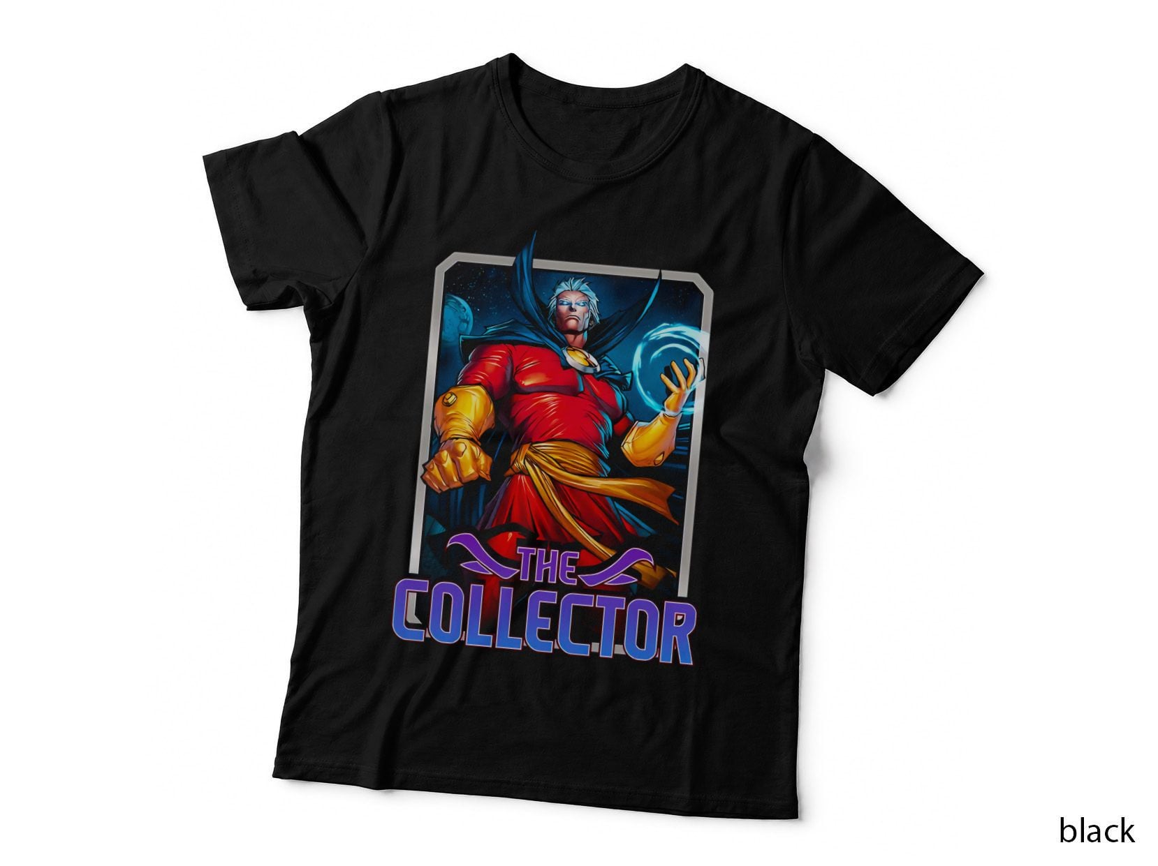 The Collector the Red and Gold Armored Character Purple Blue Background T-Shirt