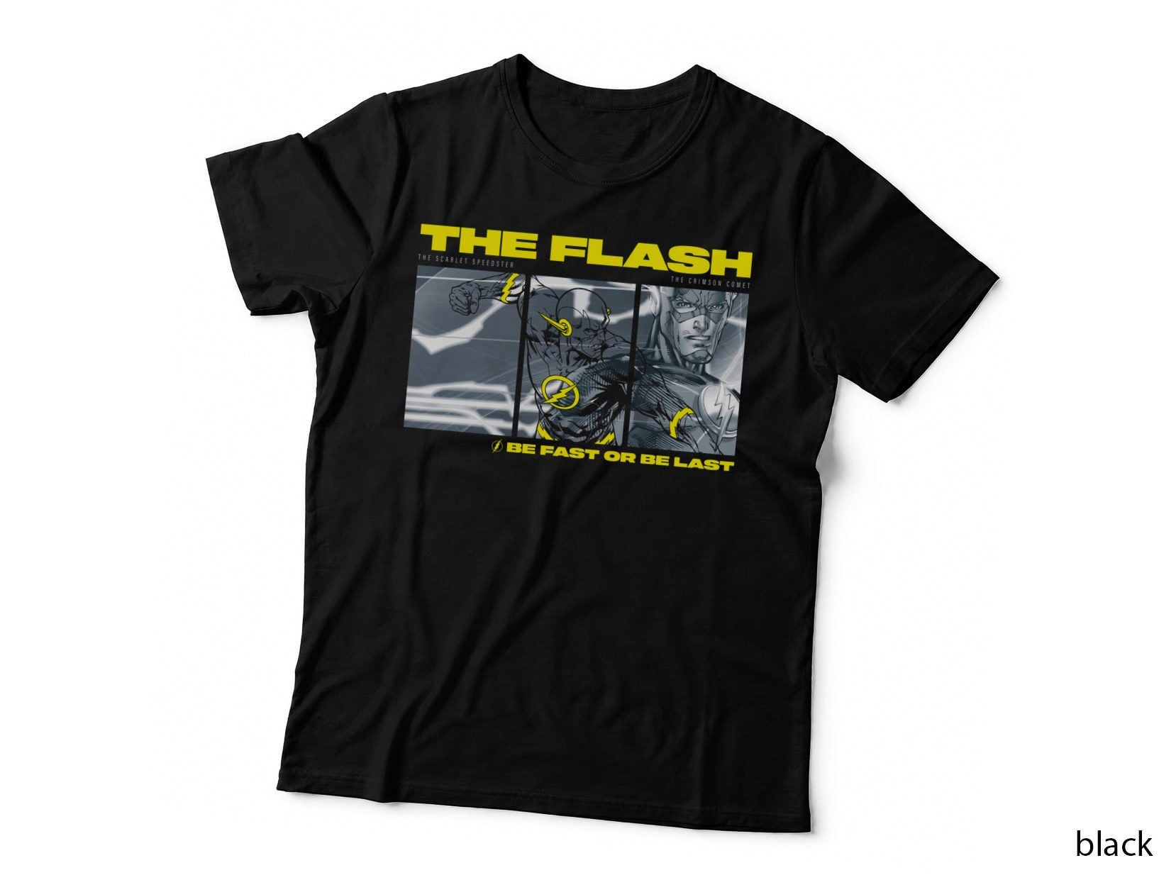The Flash Text the Scarlet Speedster the Crimson Comet with Panels T-Shirt