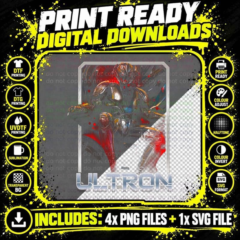 Ultron Halftone Red White Gold Mechanical Villain AI Png SVG Digital Bundle