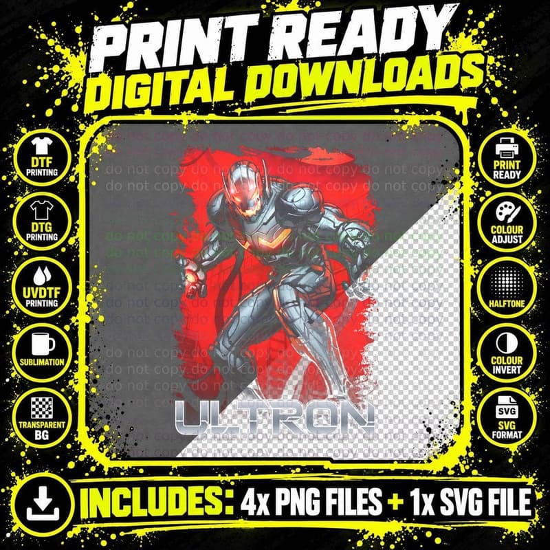 Ultron Red Silver Armor White Halftone T-Shirt Png SVG Digital Bundle