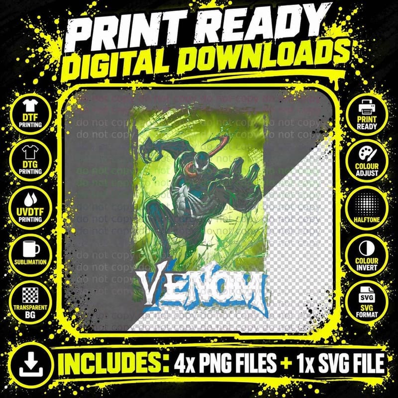 Venom Black Creature Symbiote Halftone Green T-Shirt Png SVG Digital Bundle