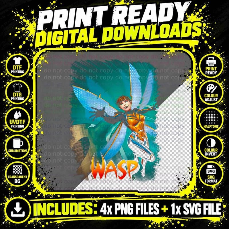 Wasp Female Blue Wings Orange Halftone T-Shirt Png SVG Digital Bundle