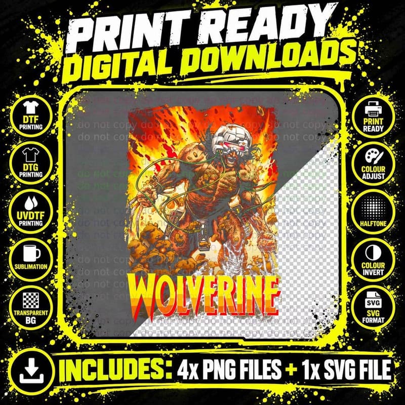 Wolverine Character White Helmet Flames Halftone T-Shirt Png SVG Digital Bundle