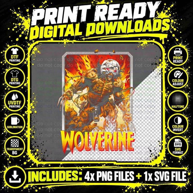Wolverine Halftone Yellow Orange Clawed Warrior Mutant Png SVG Digital Bundle