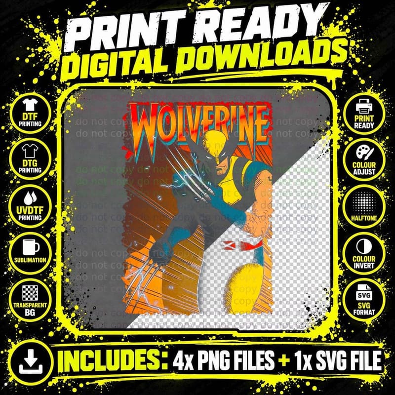 Wolverine Orange Yellow Blue Halftone Striped Superhero Png SVG Digital Bundle