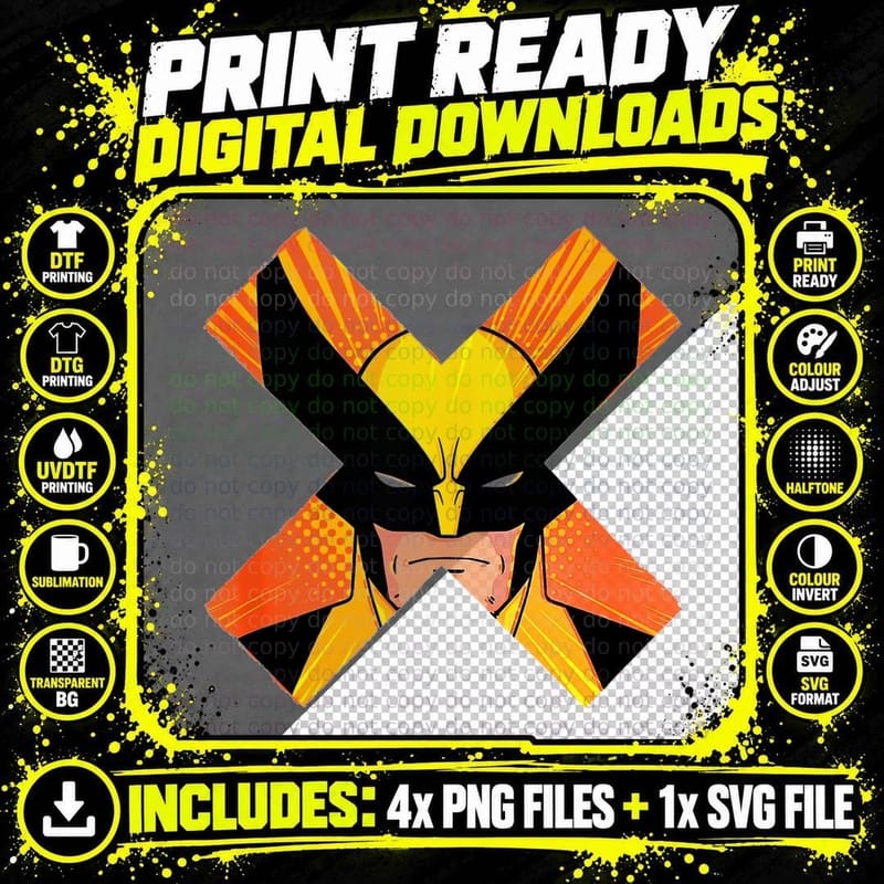 Wolverine Yellow Black Orange X Mark Striped Character Png SVG Digital Bundle