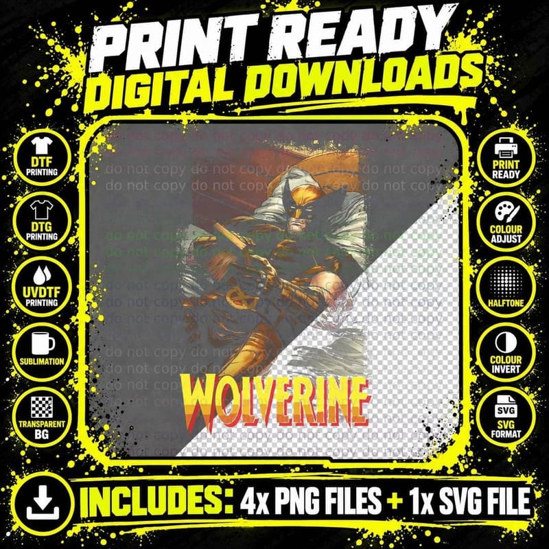Wolverine Yellow Gold Character Halftone T-Shirt Png SVG Digital Bundle