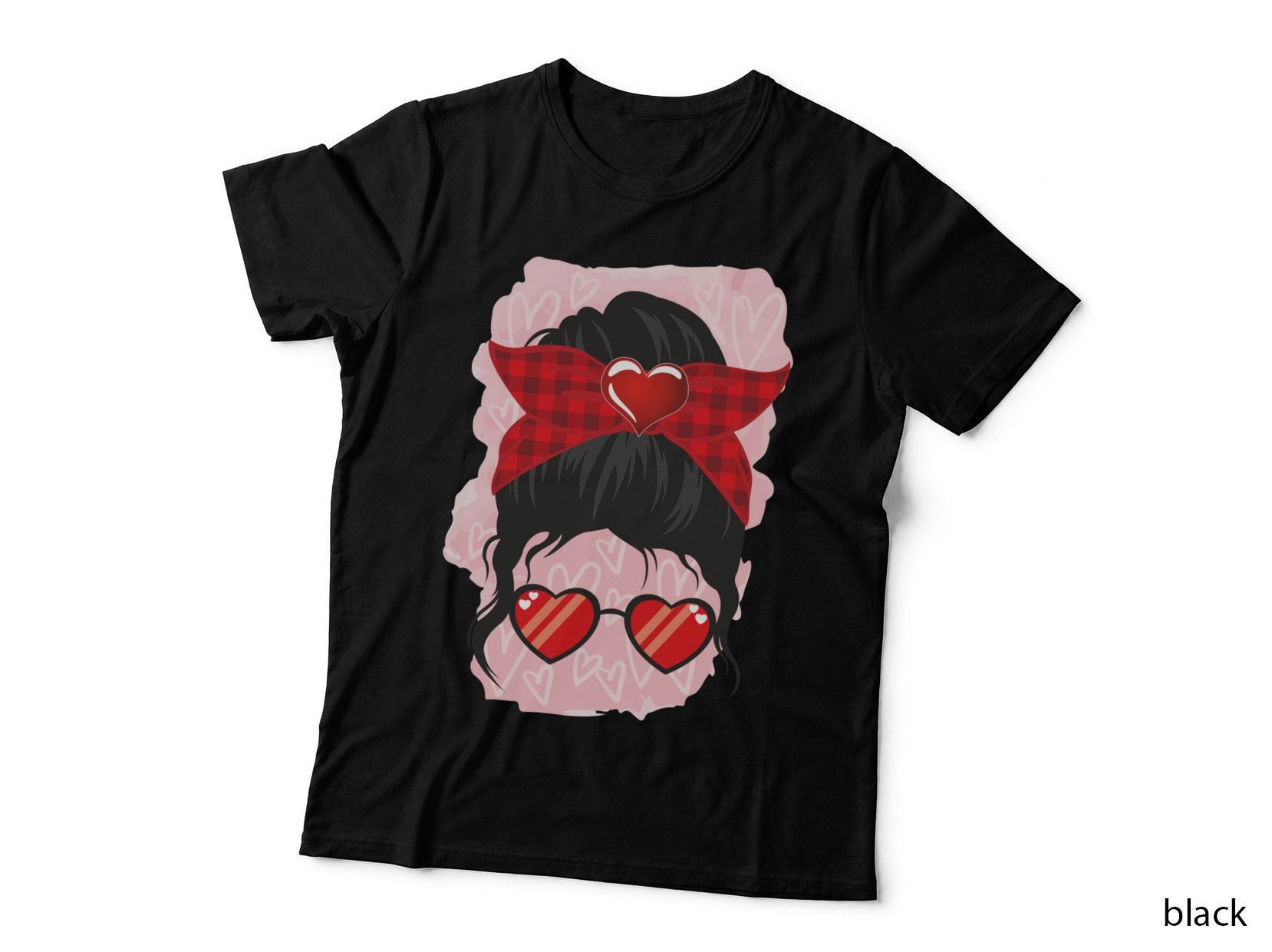 Woman Black Hair Heart Sunglasses Red Bow T-Shirt