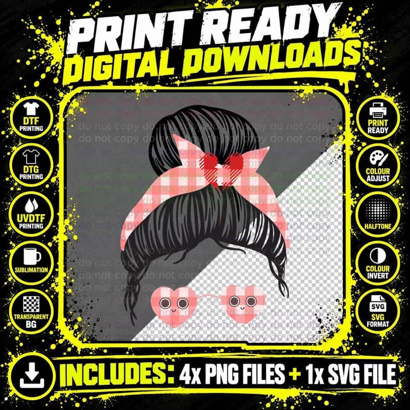 Woman Bun Hairstyle Pink Bow Heart Sunglasses T-Shirt Png SVG Digital Bundle