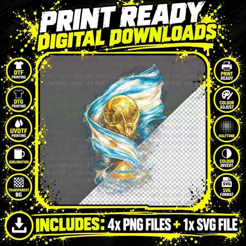 World Cup Trophy with Argentina Flag Gold Wrapped Light Png SVG Digital Bundle